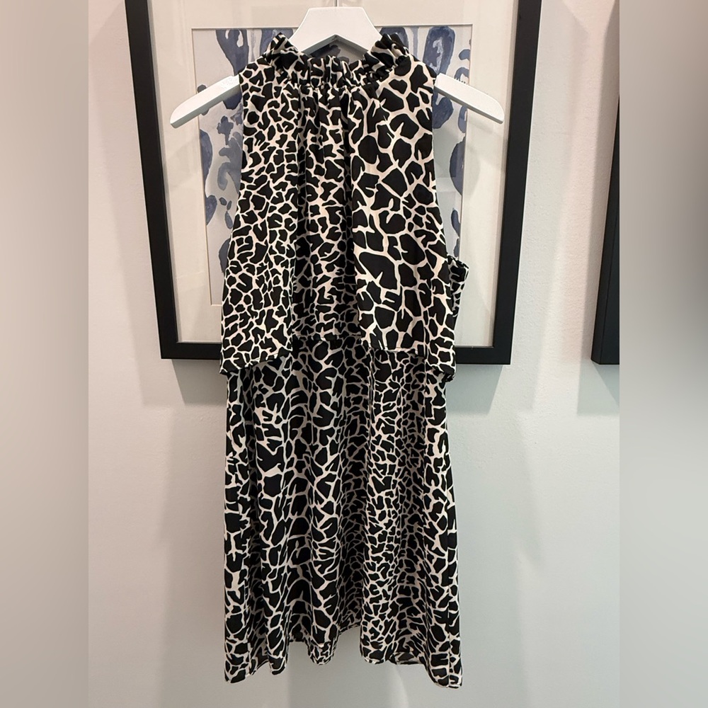 NWT Veronica M Animal Print Dress Size L | Black Cream Ruffle Neck Shift